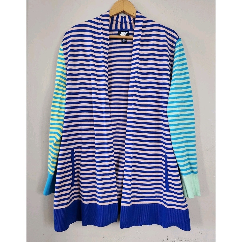Lands' End Womens 1X 16W-18W Cardigan Sweater Thin Knit Multicolor Striped